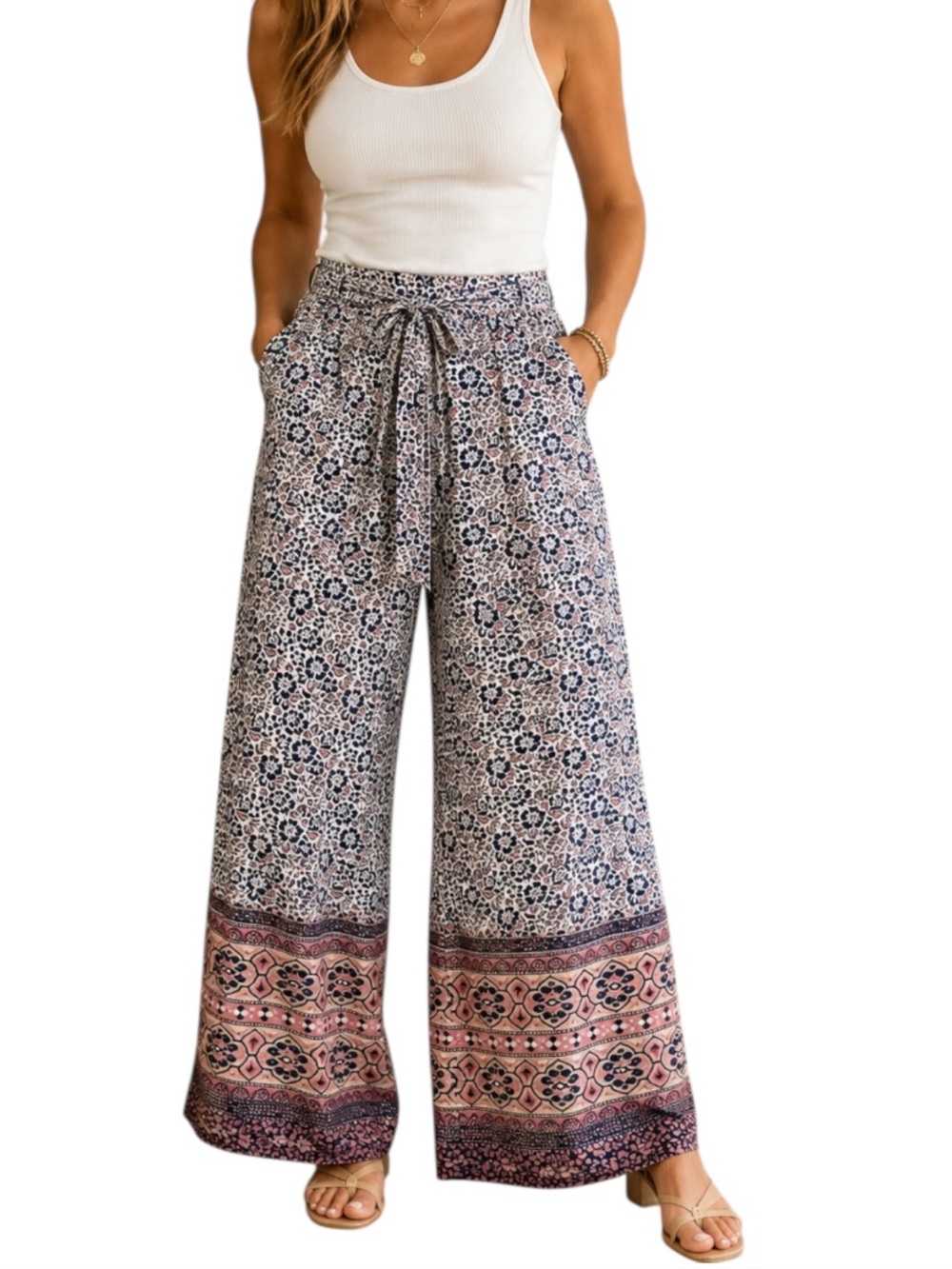 Sim & Sam Boho Floral Wide Leg Palazzo Pants Rayon Tie Waist NWT Size Small